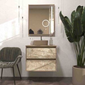 Mueble de baño suspendido 2 cajones UNICO con lavabo OSIRIS Solid Surface efecto mármol