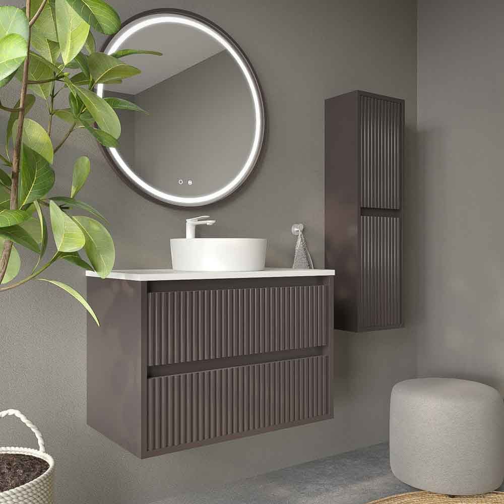 Mueble de baño suspendido 2 cajones MILIA con lavabo Solid Surface MARRON - Imagen 8