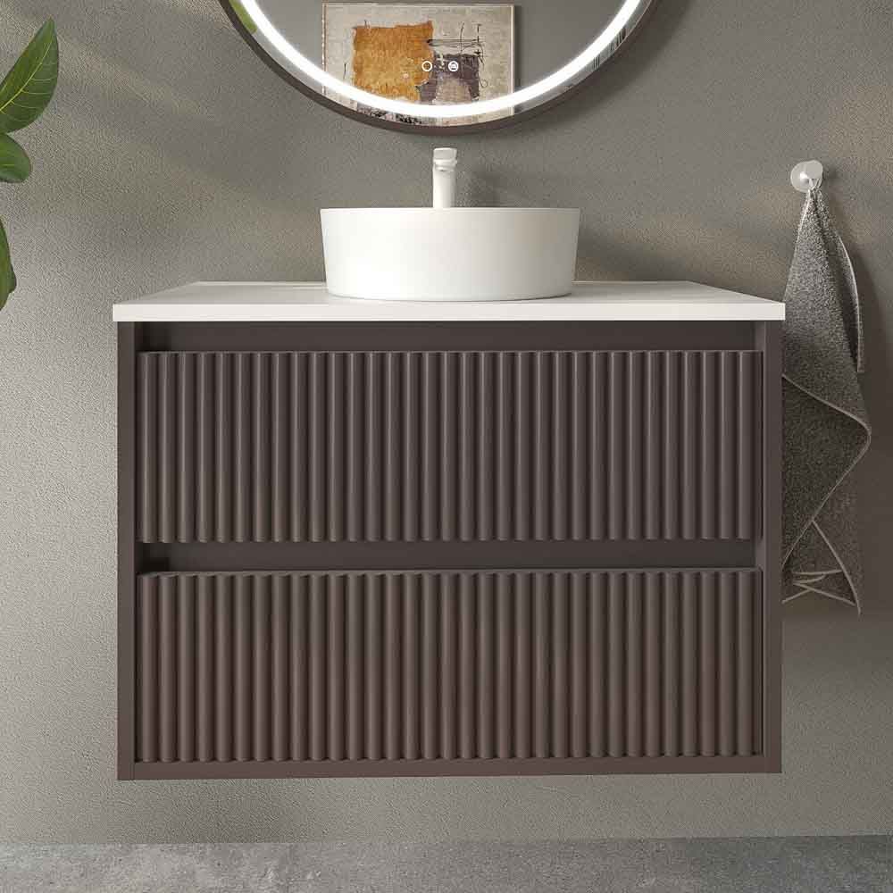 Mueble de baño suspendido 2 cajones MILIA con lavabo Solid Surface MARRON - Imagen 6