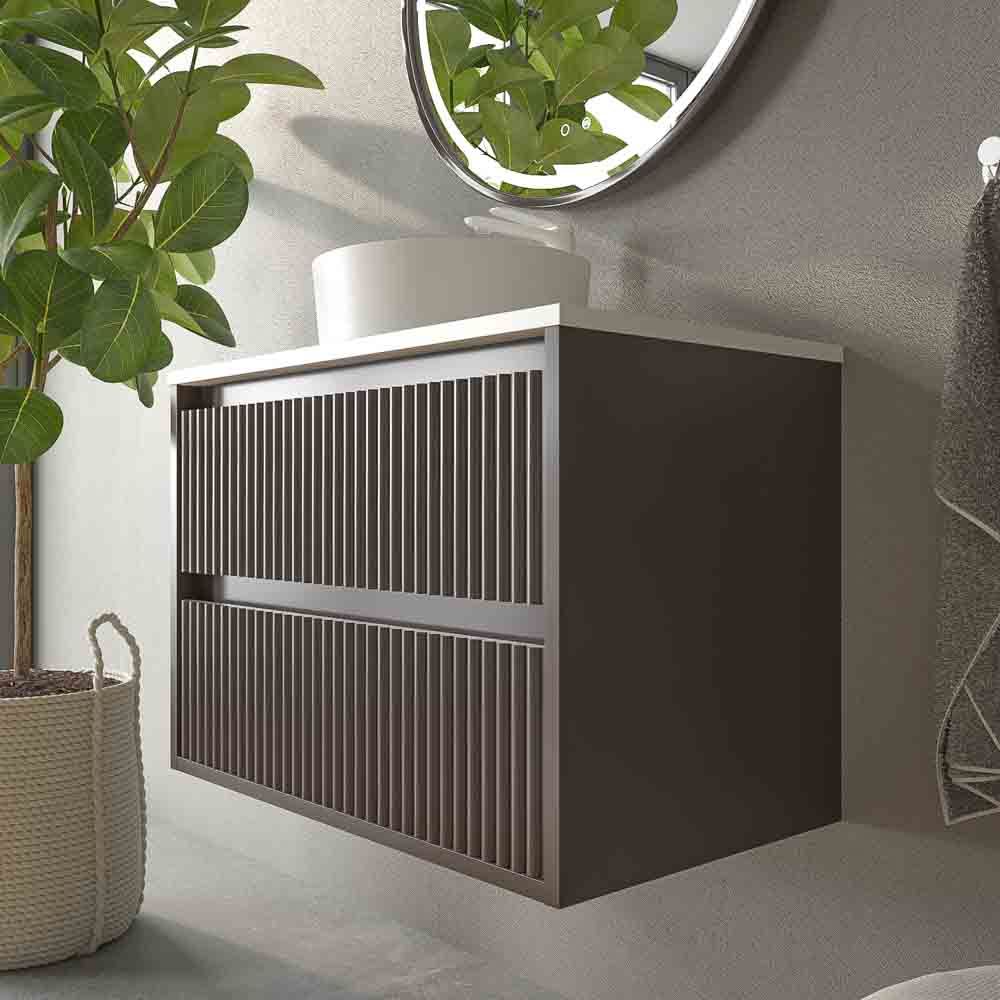 Mueble de baño suspendido 2 cajones MILIA con lavabo Solid Surface MARRON - Imagen 5
