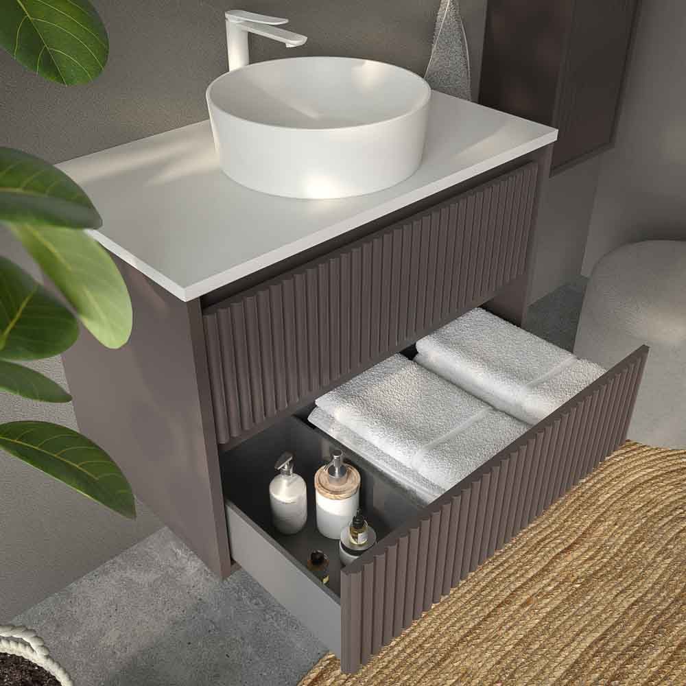 Mueble de baño suspendido 2 cajones MILIA con lavabo Solid Surface MARRON - Imagen 4