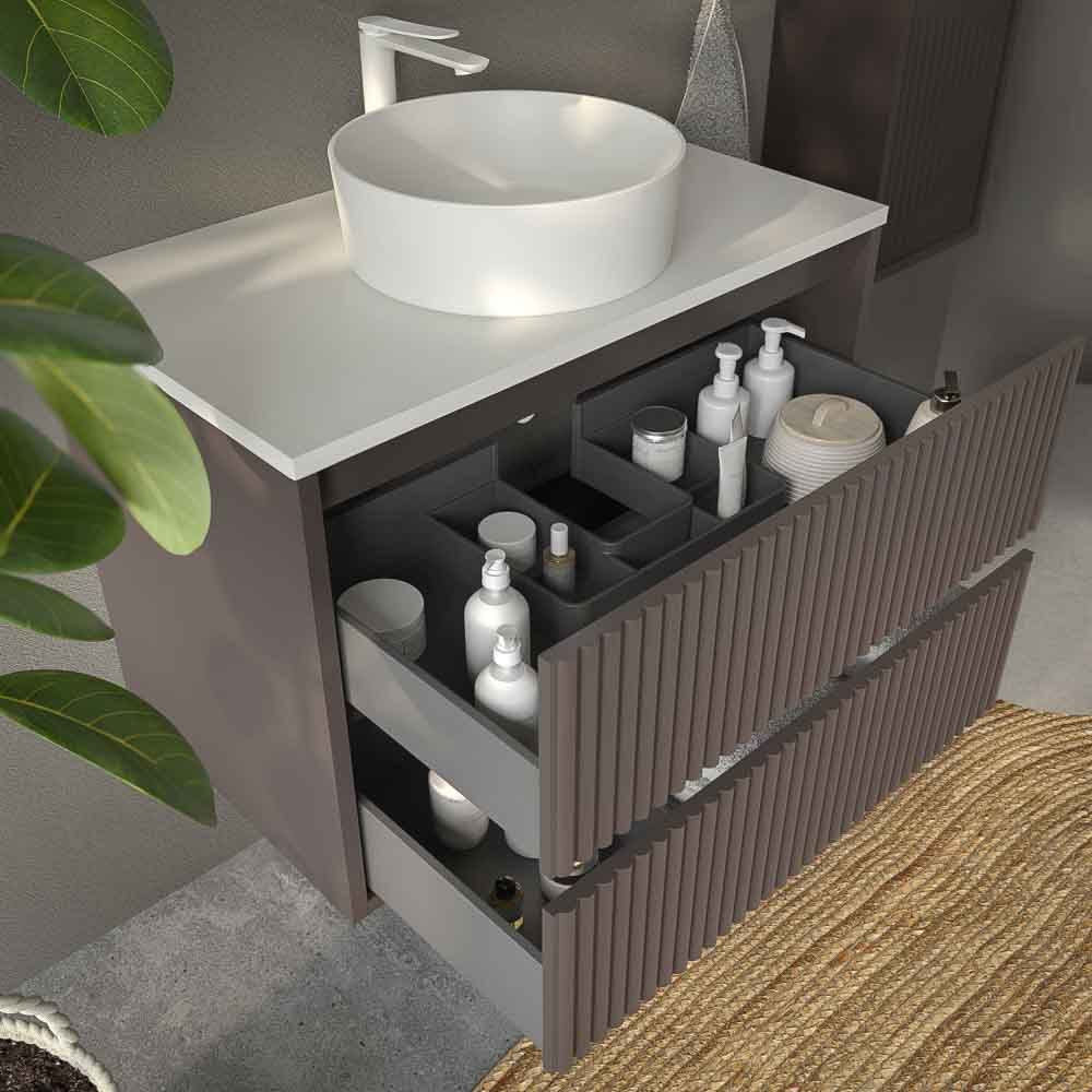 Mueble de baño suspendido 2 cajones MILIA con lavabo Solid Surface MARRON - Imagen 3