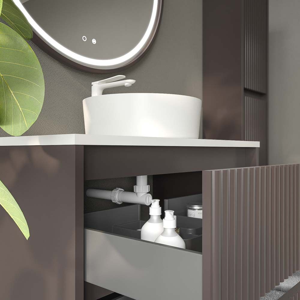 Mueble de baño suspendido 2 cajones MILIA con lavabo Solid Surface MARRON - Imagen 2