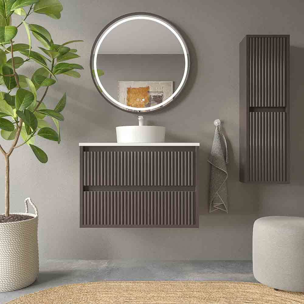 Mueble de baño suspendido 2 cajones MILIA con lavabo Solid Surface MARRON