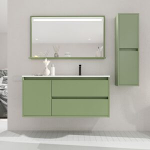 Mueble de baño suspendido 2 cajones / 1 puerta CLAIRE con lavabo Solid Surface VERDE RESEDA