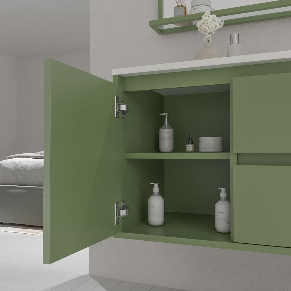 Mueble de baño suspendido 2 cajones / 1 puerta CLAIRE con lavabo Solid Surface VERDE RESEDA - Imagen 4