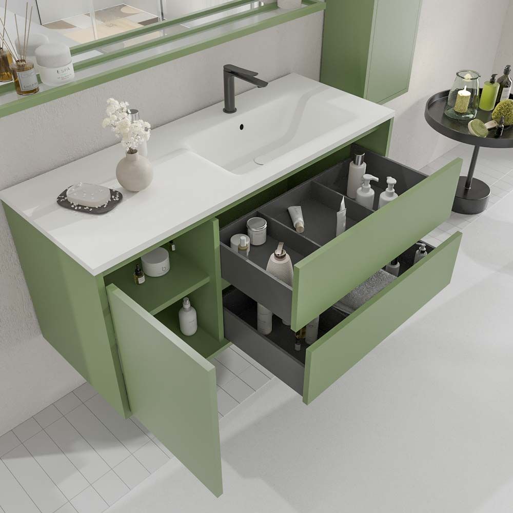 Mueble de baño suspendido 2 cajones / 1 puerta CLAIRE con lavabo Solid Surface VERDE RESEDA - Imagen 2