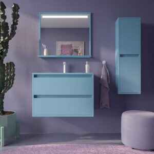 Mueble de baño suspendido 2 cajones CLAIRE con lavabo Solid Surface AZUL PASTEL