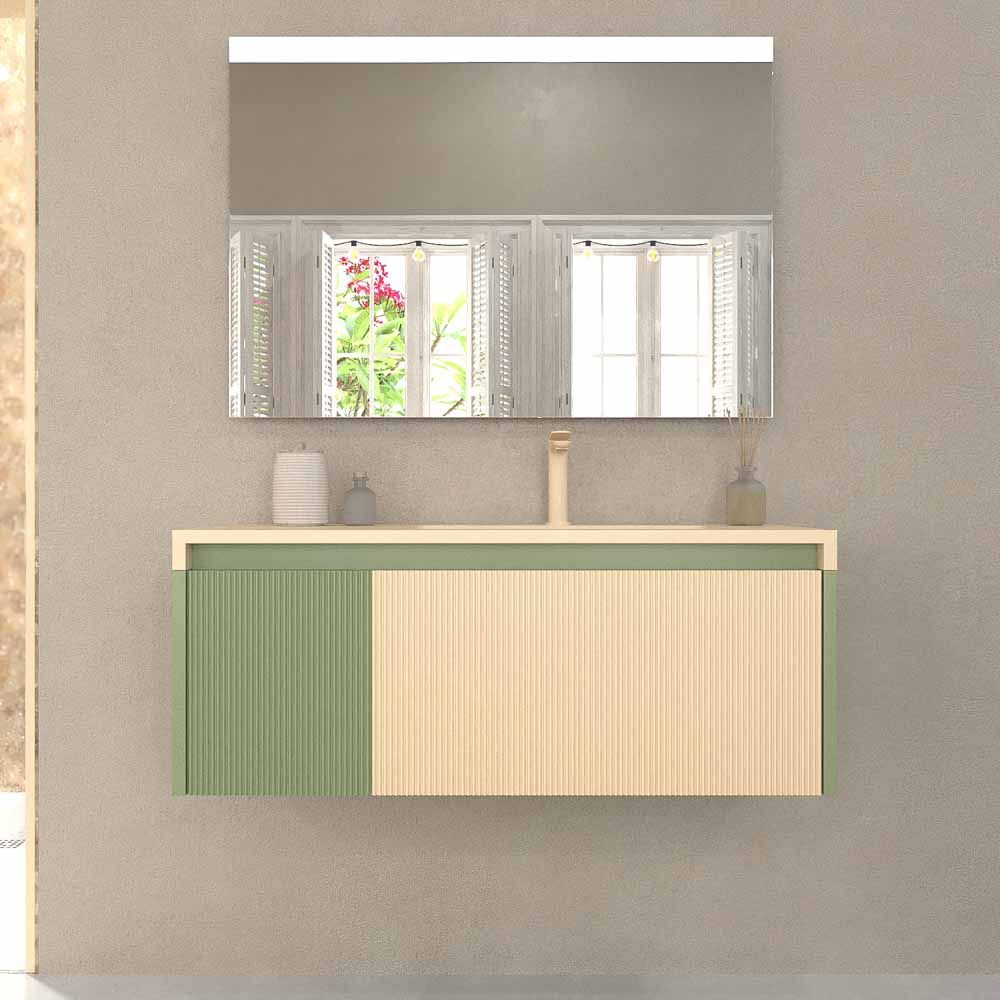 Mueble de baño BINARIO suspendido 2 cajones acabado VERDE RESEDA / CREMA