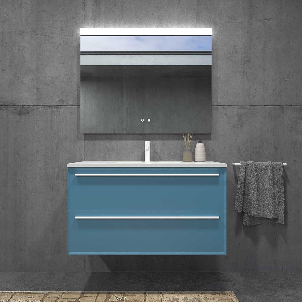 Mueble de baño suspendido 2 cajones BREMA con lavabo Solid Surface AZUL PASTEL