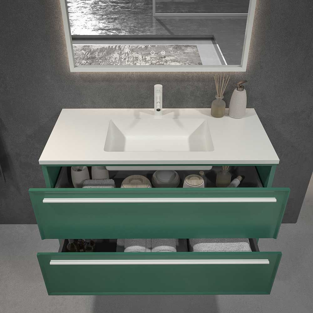 Mueble de baño suspendido 2 cajones BREMA con lavabo Solid Surface VERDE PATINA - Imagen 4
