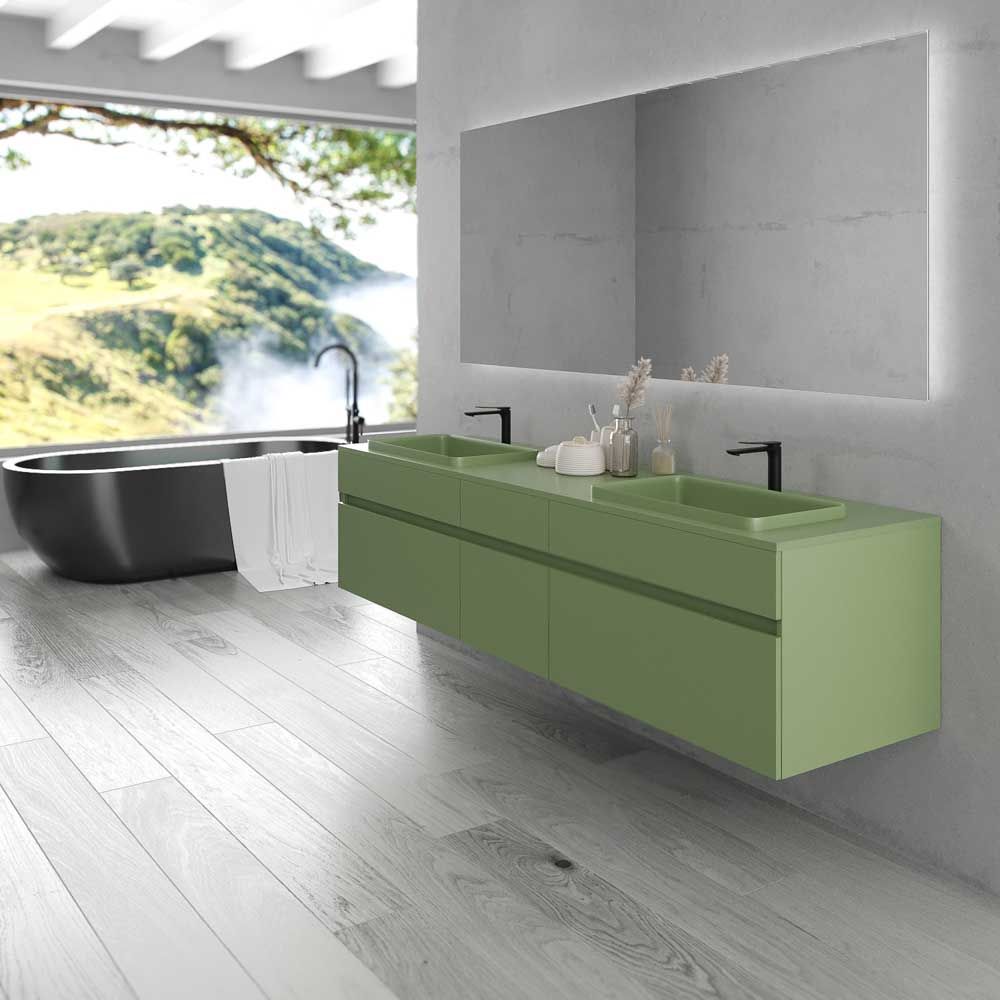Mueble de baño suspendido DUNE 6 cajones con encimera SOLID SURFACE 2 senos VERDE RESEDA - Imagen 2