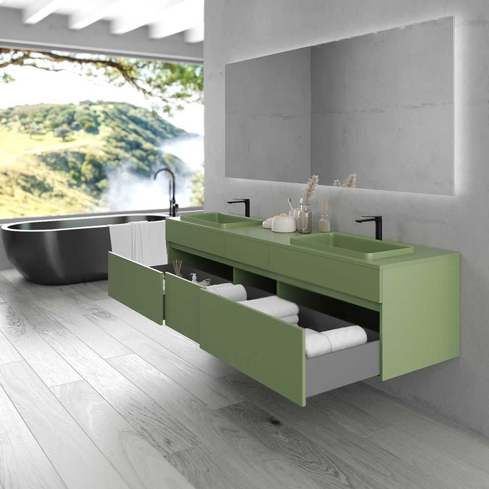 Mueble de baño suspendido DUNE 6 cajones con encimera SOLID SURFACE 2 senos VERDE RESEDA - Imagen 6