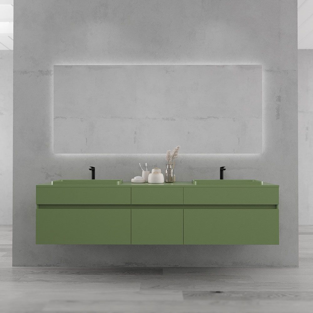 Mueble de baño suspendido DUNE 6 cajones con encimera SOLID SURFACE 2 senos VERDE RESEDA