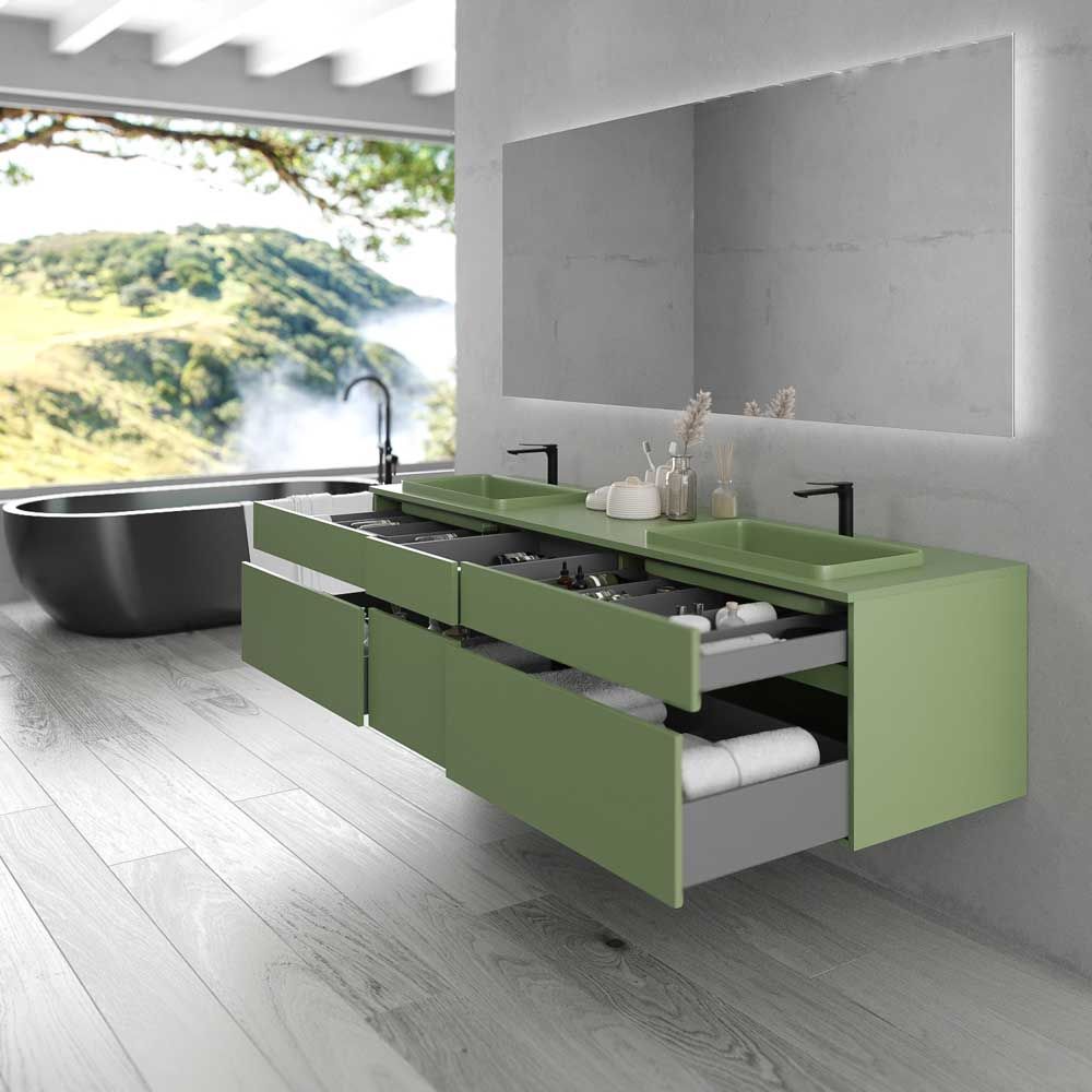 Mueble de baño suspendido DUNE 6 cajones con encimera SOLID SURFACE 2 senos VERDE RESEDA - Imagen 5