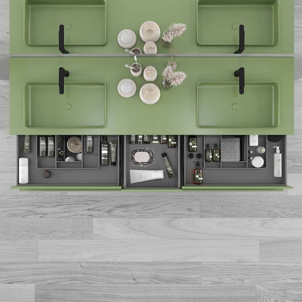 Mueble de baño suspendido DUNE 6 cajones con encimera SOLID SURFACE 2 senos VERDE RESEDA - Imagen 4