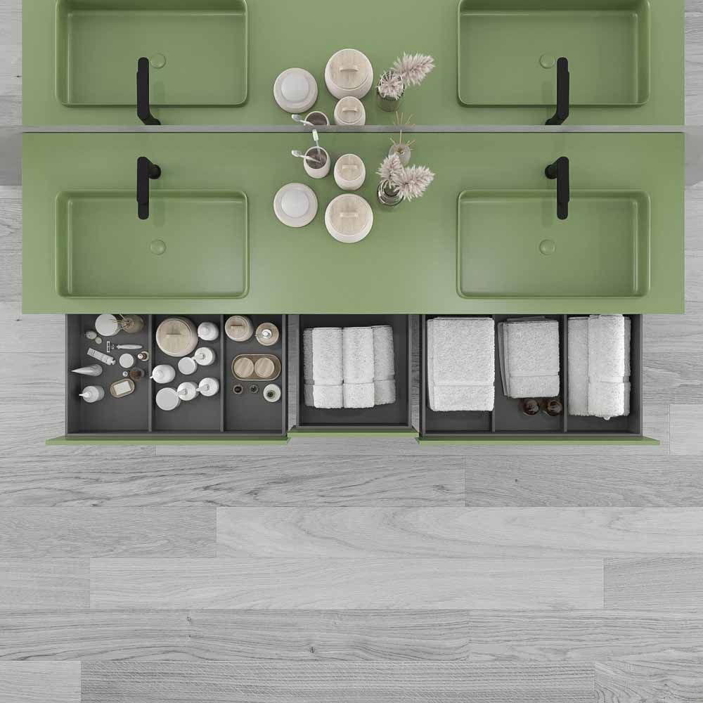 Mueble de baño suspendido DUNE 6 cajones con encimera SOLID SURFACE 2 senos VERDE RESEDA - Imagen 3