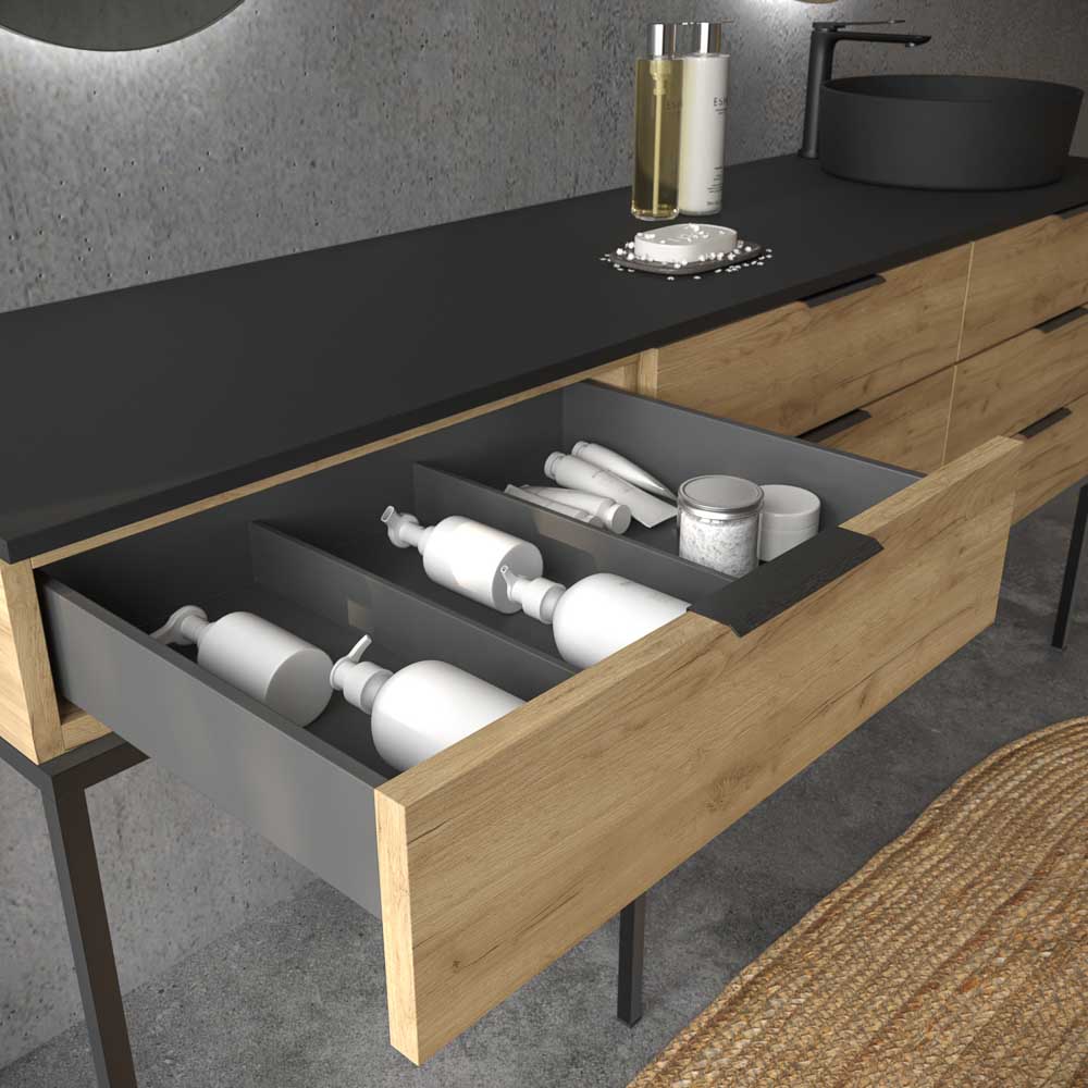 Mueble de baño ELLA con patas 3 cajones con tocador ROBLE CLARO con tapa SOLID SURFACE lavabo OSIRIS - Imagen 7