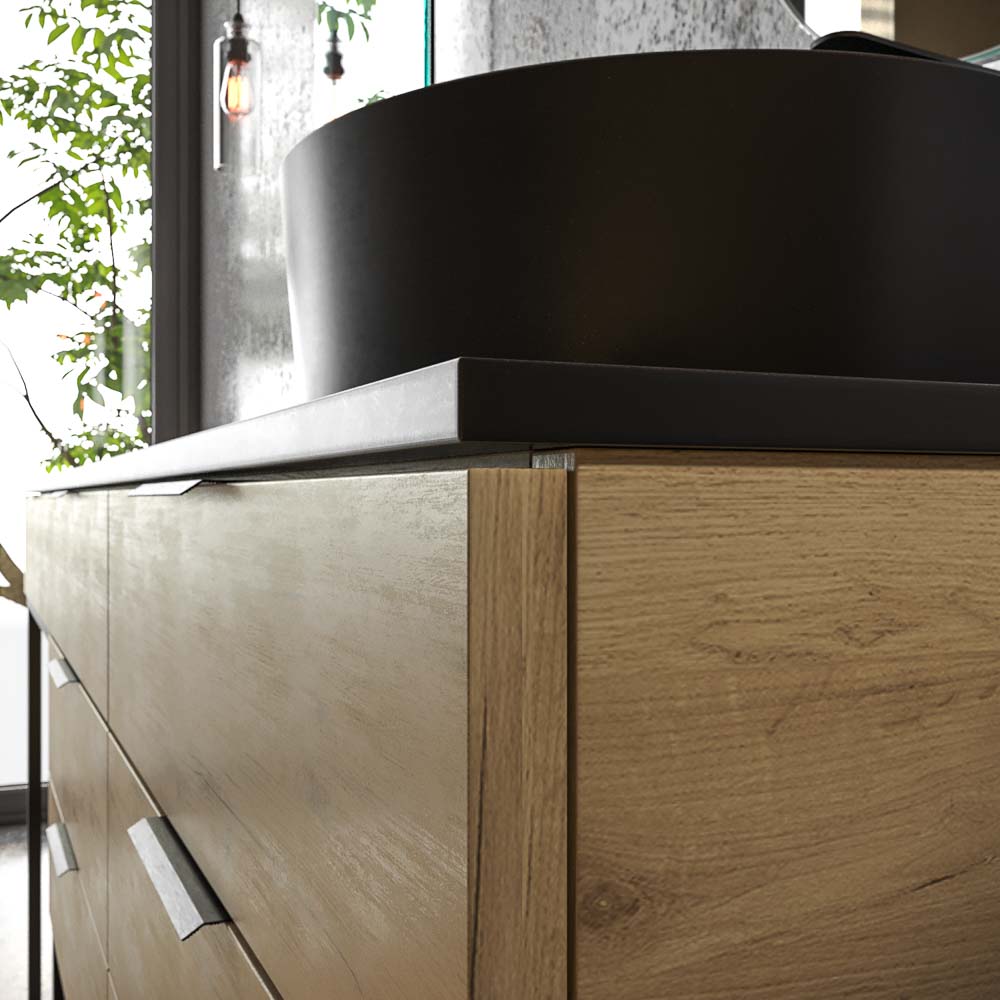 Mueble de baño ELLA con patas 3 cajones con tocador ROBLE CLARO con tapa SOLID SURFACE lavabo OSIRIS - Imagen 3