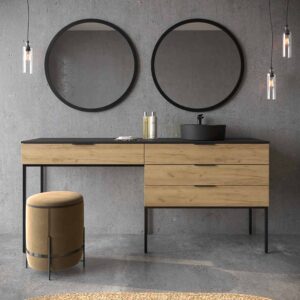 Mueble de baño ELLA con patas 3 cajones con tocador ROBLE CLARO con tapa SOLID SURFACE lavabo OSIRIS