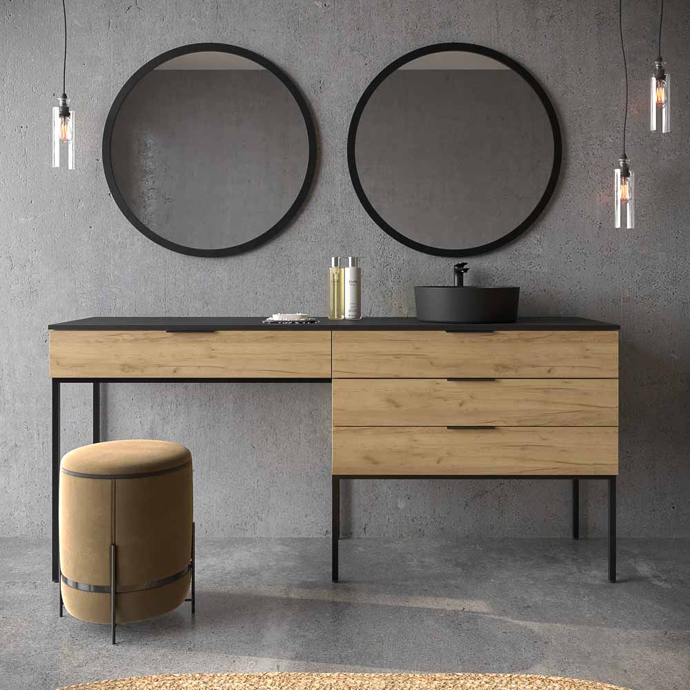 Mueble de baño ELLA con patas 3 cajones con tocador ROBLE CLARO con tapa SOLID SURFACE lavabo OSIRIS