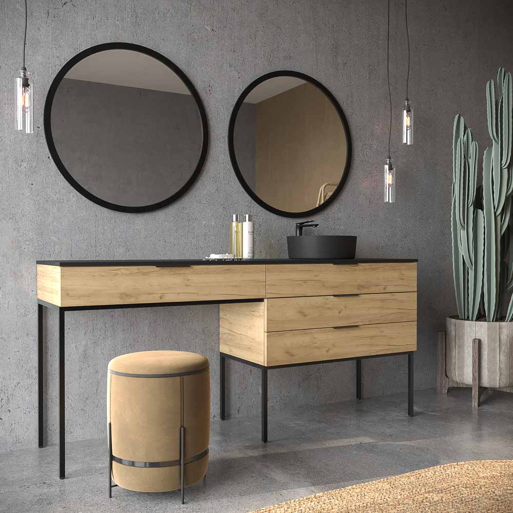 Mueble de baño ELLA con patas 3 cajones con tocador ROBLE CLARO con tapa SOLID SURFACE lavabo OSIRIS - Imagen 2