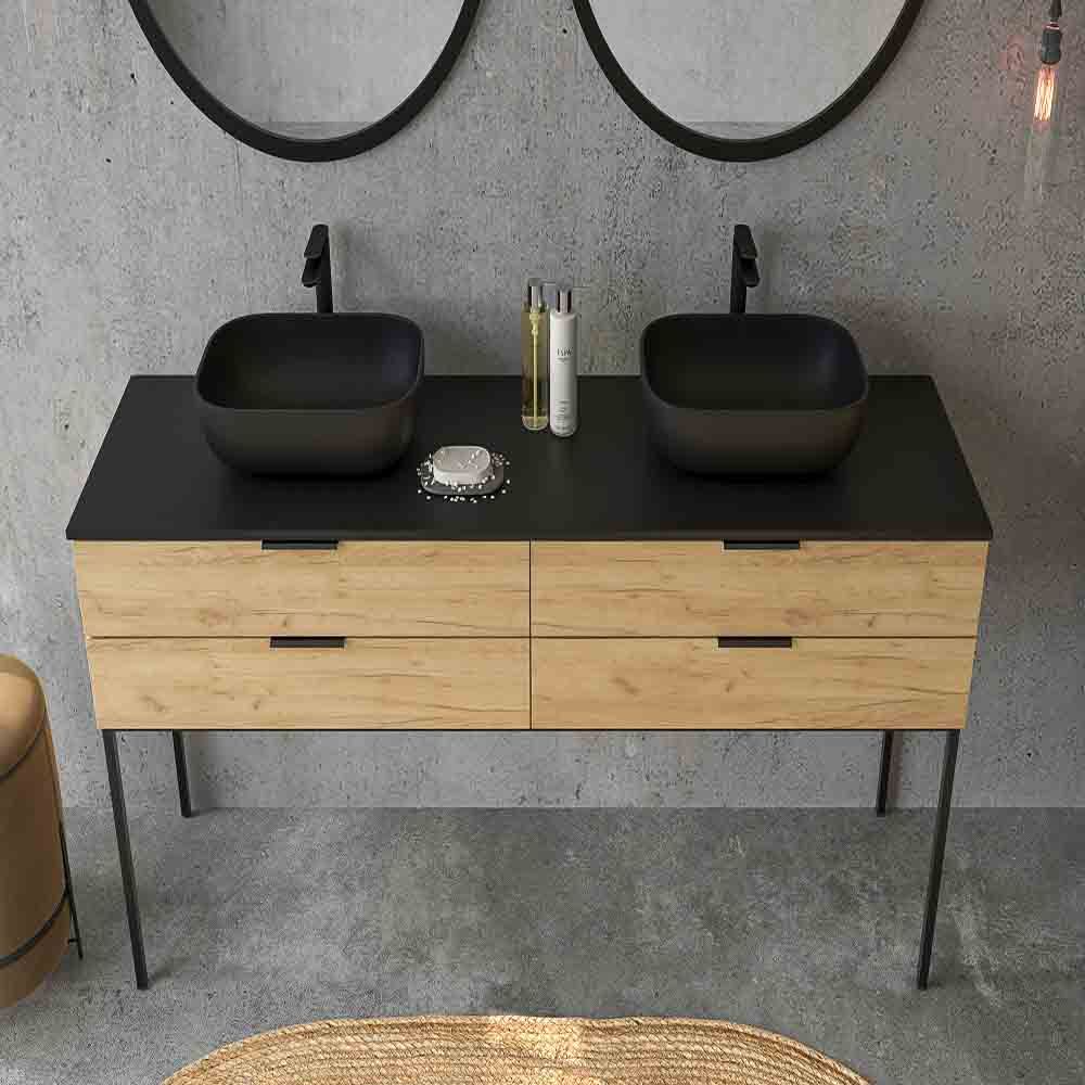 Mueble de baño ELLA con patas 4 cajones ROBLE CLARO con tapa SOLID SURFACE lavabos HORUS - Imagen 3
