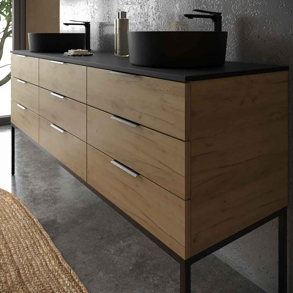 Mueble de baño ELLA con patas 9 cajones con tapa SOLID SURFACE 2 lavabos ROBLE CLARO - Imagen 2