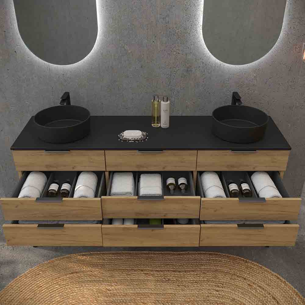 Mueble de baño ELLA con patas 9 cajones con tapa SOLID SURFACE 2 lavabos ROBLE CLARO - Imagen 5