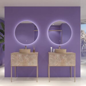 Mueble de baño GRATE con patas 1 cajón acabado mármol ONIX MOKA con tapa y lavabo SOLID SURFACE Osiris