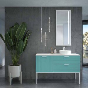 Mueble de baño HOLE con patas 2 cajones/1puerta acabado PASTEL TURQUESA con tapa y lavabo Osiris Solid Surface BLANCO