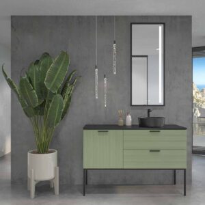Mueble de baño HOLE con patas 2 cajones/1puerta acabado VERDE PALIDO con tapa y lavabo Osiris Solid Surface NEGRO