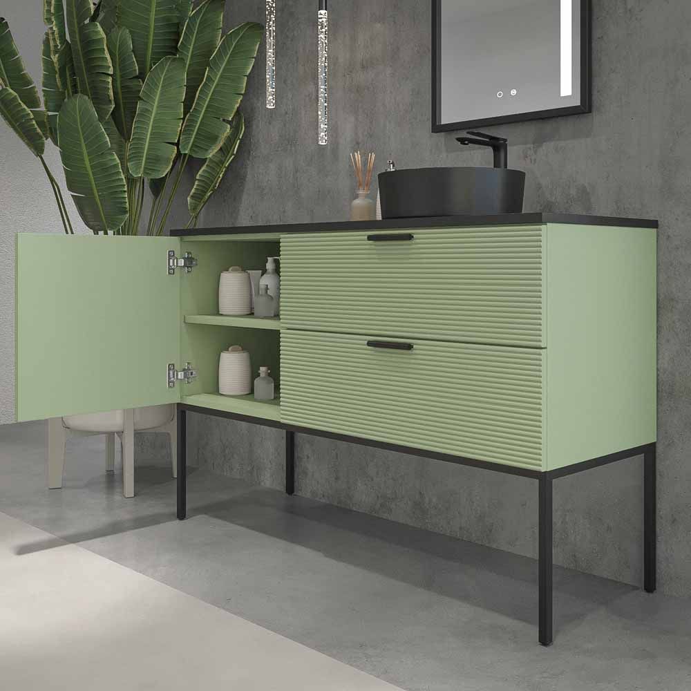 Mueble de baño HOLE con patas 2 cajones/1puerta acabado VERDE PALIDO con tapa y lavabo Osiris Solid Surface NEGRO - Imagen 7