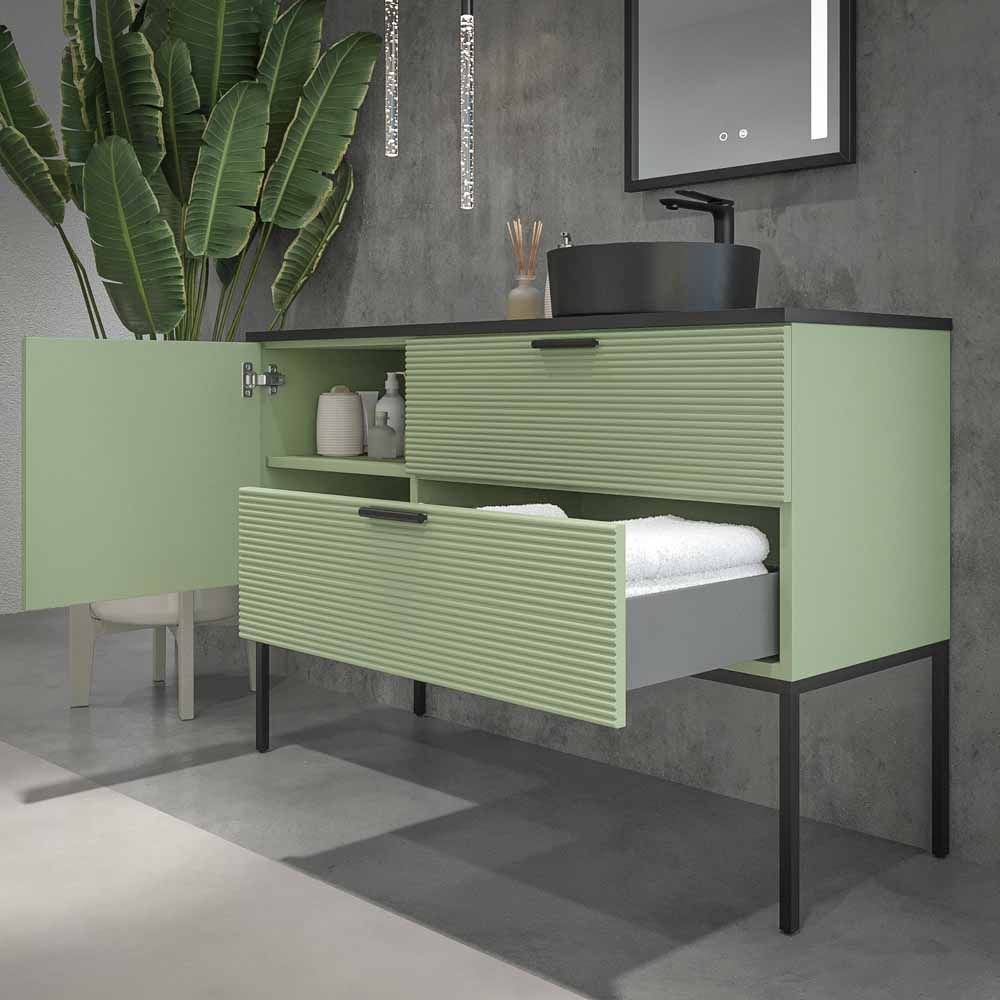 Mueble de baño HOLE con patas 2 cajones/1puerta acabado VERDE PALIDO con tapa y lavabo Osiris Solid Surface NEGRO - Imagen 6