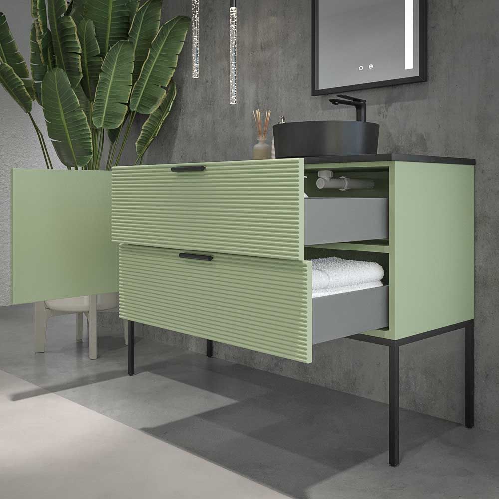 Mueble de baño HOLE con patas 2 cajones/1puerta acabado VERDE PALIDO con tapa y lavabo Osiris Solid Surface NEGRO - Imagen 5