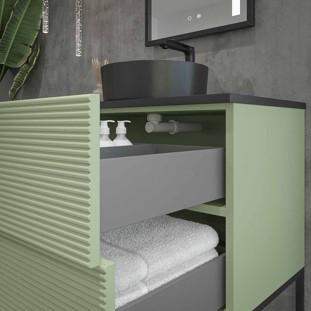 Mueble de baño HOLE con patas 2 cajones/1puerta acabado VERDE PALIDO con tapa y lavabo Osiris Solid Surface NEGRO - Imagen 4