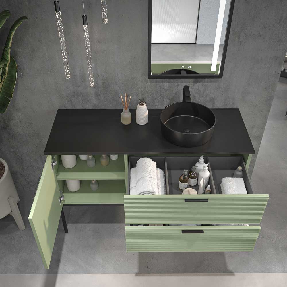 Mueble de baño HOLE con patas 2 cajones/1puerta acabado VERDE PALIDO con tapa y lavabo Osiris Solid Surface NEGRO - Imagen 3