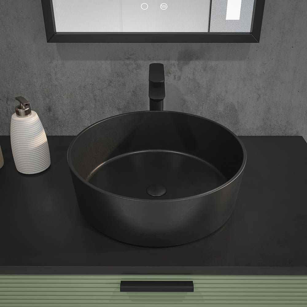 Mueble de baño HOLE con patas 2 cajones/1puerta acabado VERDE PALIDO con tapa y lavabo Osiris Solid Surface NEGRO - Imagen 2