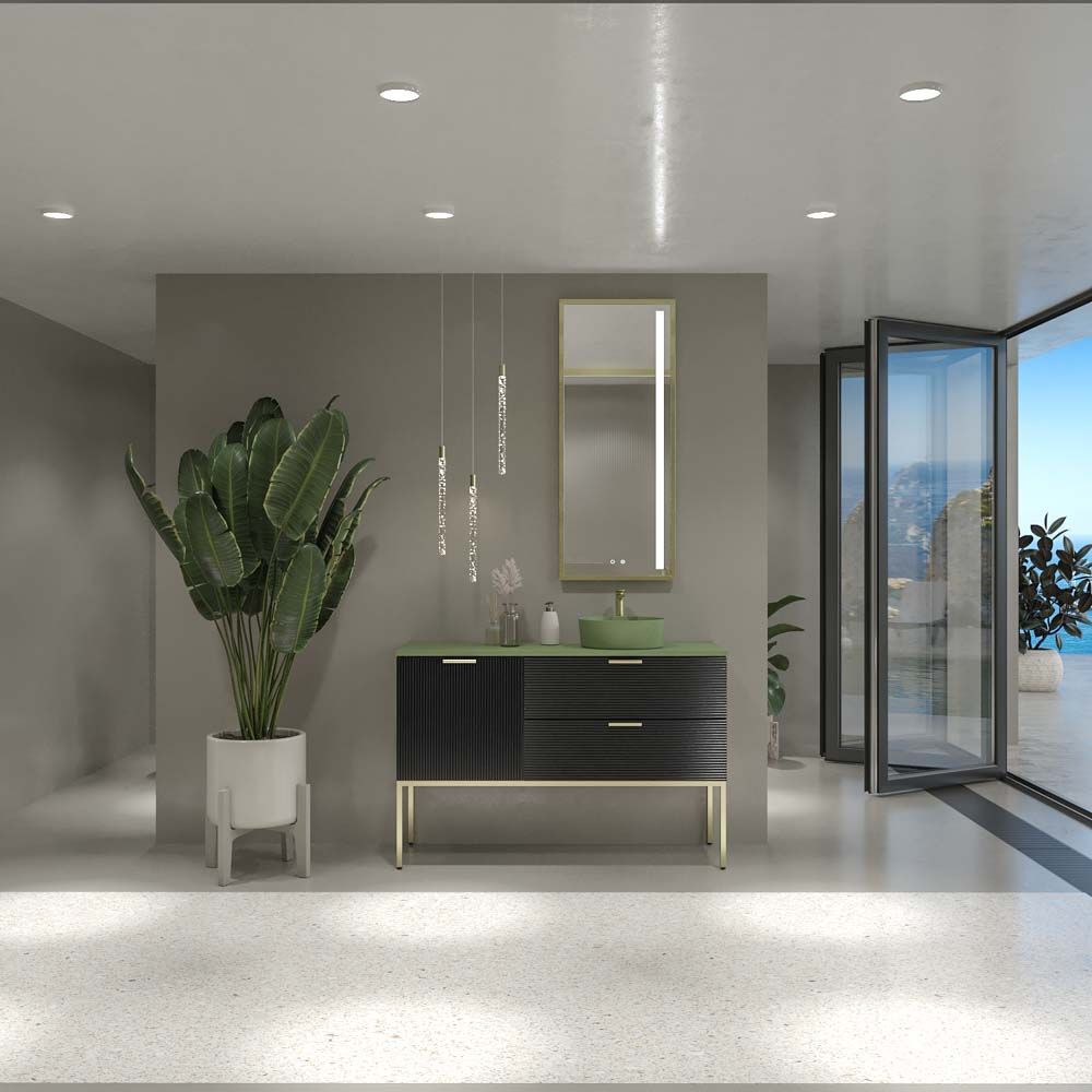 Mueble de baño HOLE con patas 2 cajones/1puerta acabado NEGRO con tapa y lavabo Osiris Solid Surface VERDE RESEDA - Imagen 7