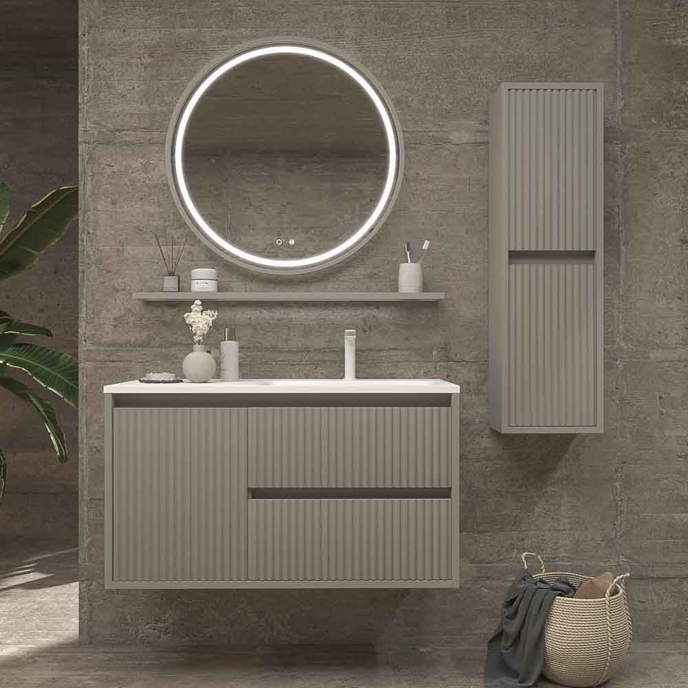 Mueble de baño suspendido 2 cajones / 1 puerta MILIA con lavabo Solid Surface GRIS PIEDRA