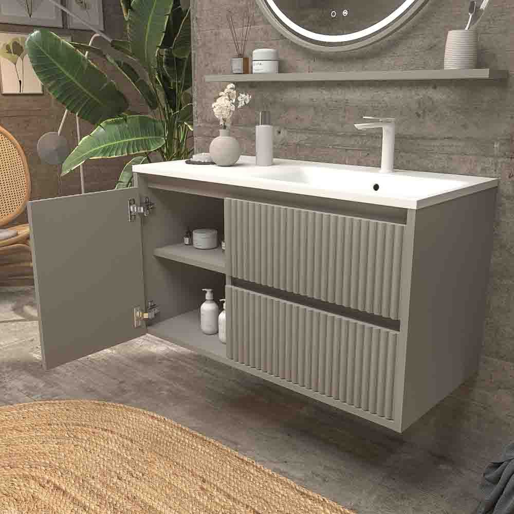 Mueble de baño suspendido 2 cajones / 1 puerta MILIA con lavabo Solid Surface GRIS PIEDRA - Imagen 6
