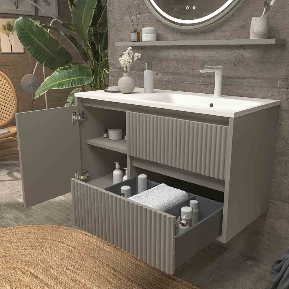 Mueble de baño suspendido 2 cajones / 1 puerta MILIA con lavabo Solid Surface GRIS PIEDRA - Imagen 5