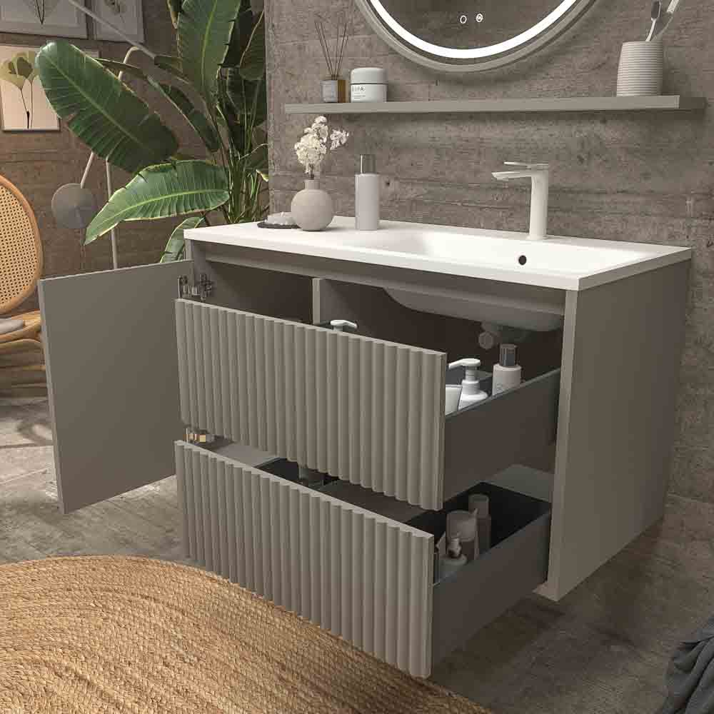 Mueble de baño suspendido 2 cajones / 1 puerta MILIA con lavabo Solid Surface GRIS PIEDRA - Imagen 4