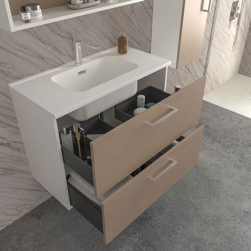 Mueble de baño suspendido NEXO 2 cajones fondo reducido 40 cm lacado mate con lavabo porcelana MOKA - Imagen 2