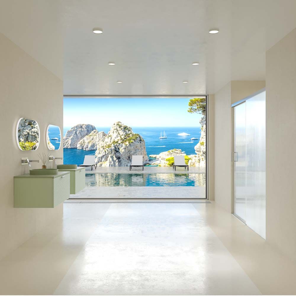 Mueble de baño HOLE suspendido 1 cajón acabado VERDE OPALO con encimera SOLID SURFACE lavabo semiencastrado VERDE PALIDO - Imagen 2