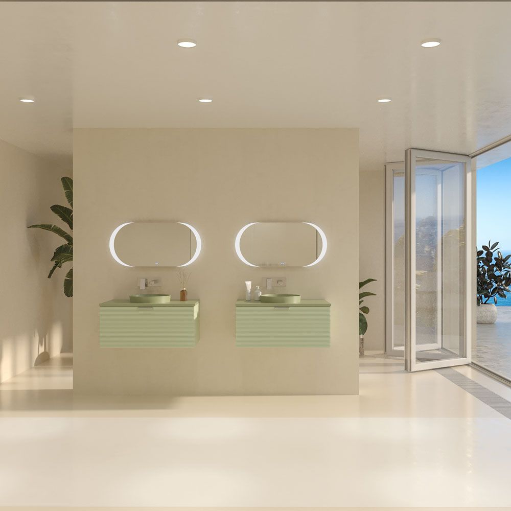 Mueble de baño HOLE suspendido 1 cajón acabado VERDE OPALO con encimera SOLID SURFACE lavabo semiencastrado VERDE PALIDO - Imagen 4