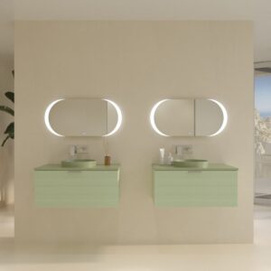 Mueble de baño HOLE suspendido 1 cajón acabado VERDE OPALO con encimera SOLID SURFACE lavabo semiencastrado VERDE PALIDO