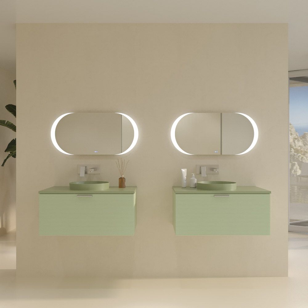 Mueble de baño HOLE suspendido 1 cajón acabado VERDE OPALO con encimera SOLID SURFACE lavabo semiencastrado VERDE PALIDO