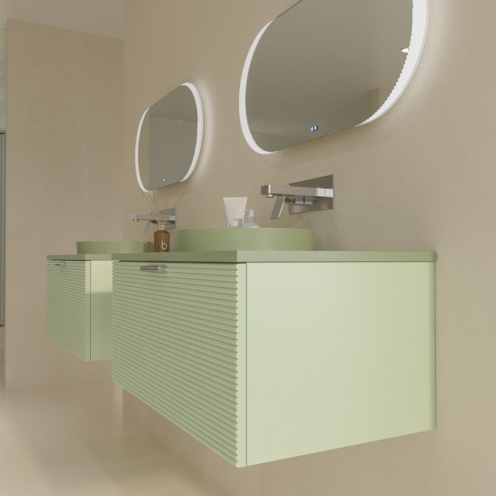 Mueble de baño HOLE suspendido 1 cajón acabado VERDE OPALO con encimera SOLID SURFACE lavabo semiencastrado VERDE PALIDO - Imagen 5