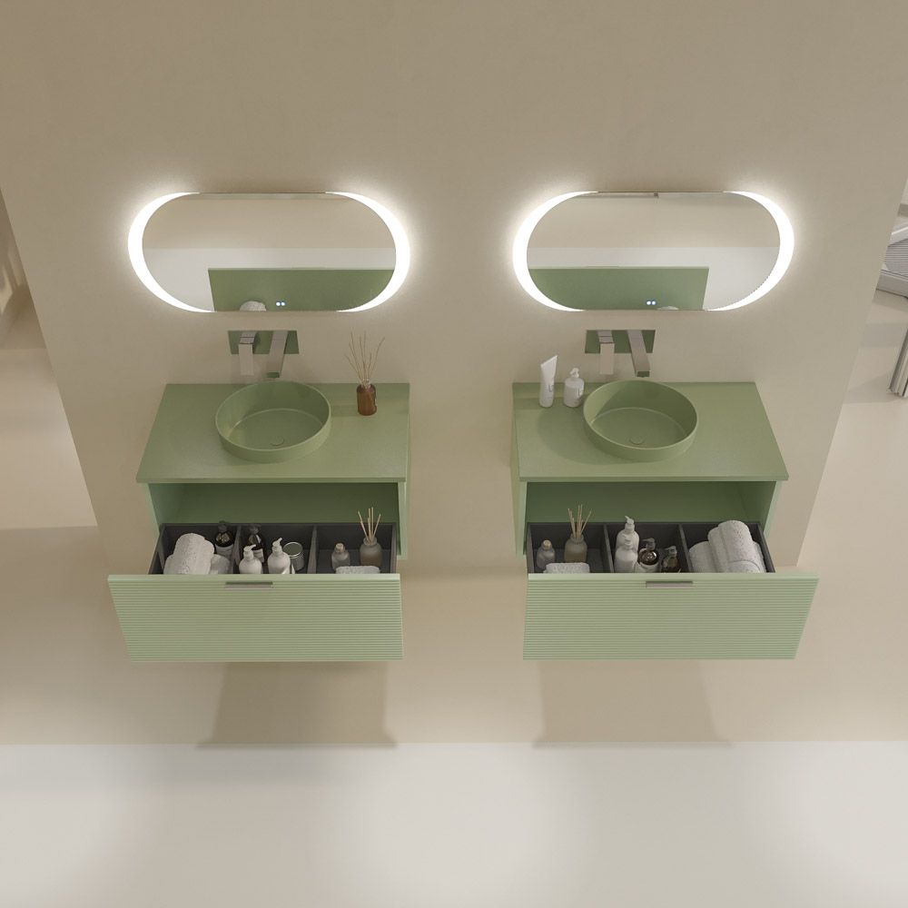 Mueble de baño HOLE suspendido 1 cajón acabado VERDE OPALO con encimera SOLID SURFACE lavabo semiencastrado VERDE PALIDO - Imagen 6